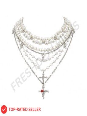 Layered Faux Pearl Cross Necklace Set Adjustable Gothic Stacked Jewelry Gift
